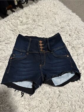 High-Waist Dark Blue Button-Front Denim Shorts